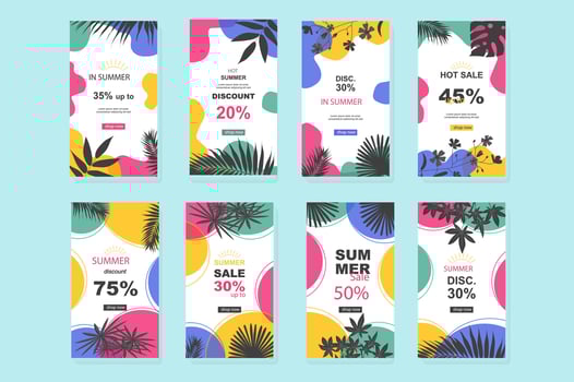 Summer sale template for instagram stories. Mockups vertical design seasonal online shopping offer and colourful floral frames and tropical leaves. Collection layouts for insta story at social network vector