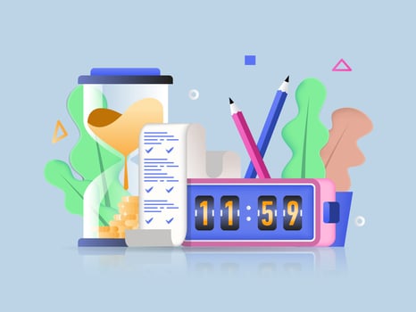 Time management concept 3D illustration. Icon composition with clock with countdown, hourglass and to-do list on paper, effective organization of workflow. illustration for modern web design vector