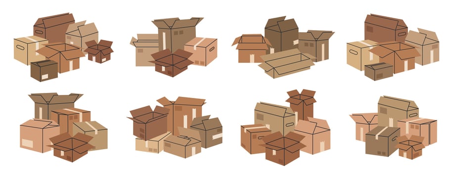 Boxes piles. Stacked cardboard boxes, cargo warehouse box stack, delivery or moving containers flat illustration set. Hand drawn boxes collection vector