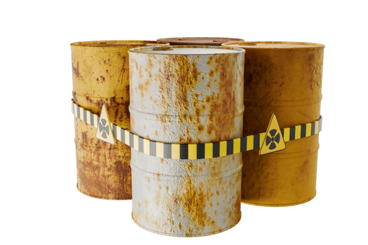 Chemical and radiation oil tanks, old rusty metal tanks with danger signs, oil spills or liquid objects in the crude oil industry, isolated on background. 3D illustration, realistic rendering png