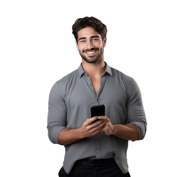 Portrait of happy young man using mobile phone on transparent background png