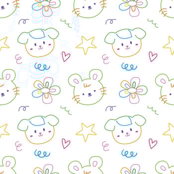 Cute face animal hand drawn doodle seamless pattern background for wallpaper and wrapping. Rabbit, bear, rat, dog and cat vector