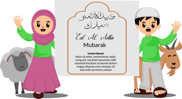 happy eid al adha greeting card with illustrations of cute muslims kids and sacrifice goats and sheep png