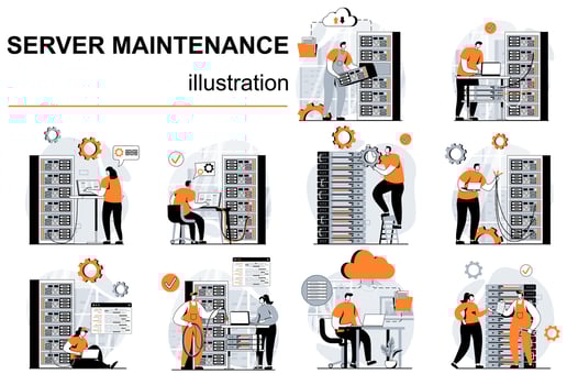 Server maintenance concept with people scenes set in flat design. Women and men working in server room, tech support optimize data center work. illustration visual stories collection for web vector