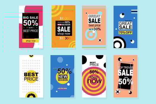 Big Sale template for instagram stories. Mockups design with geometric promo banners for making online purchases, best offer and discounts prices. Collection layouts for insta story at social network vector