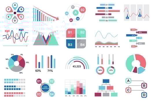 Set of infographic elements data visualization design template with different chart, diagram, flowchart, workflow, timeline. Infographics for business statistics, planning and analytics. vector