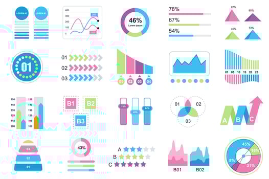 Set of infographic elements data visualization design template with different chart, diagram, flowchart, workflow, timeline. Infographics for business statistics, planning and analytics. vector