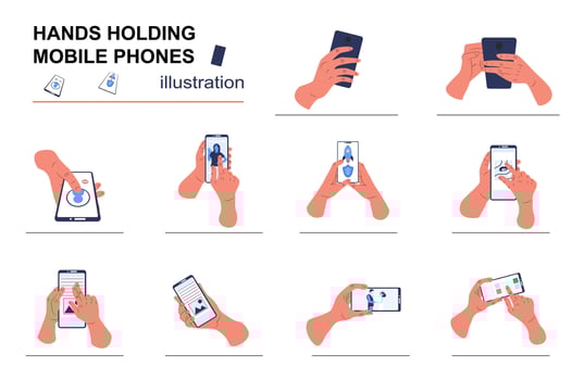 Hands holding mobile phones concept with people scene set. Human hands use smartphones, click on screen, make call or photo, tapping, scrolling and browse. illustration in flat design for web vector