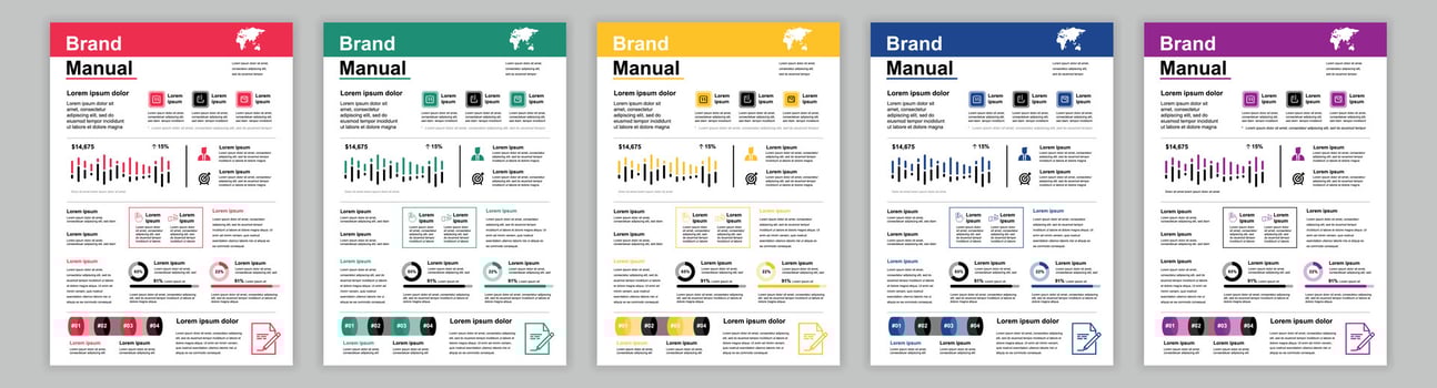 DIN A3 business brand manual templates set. Company identity brochure page. Banner with infographic for promotion, leadership, marketing and target. layout design for poster, cover, brochure vector