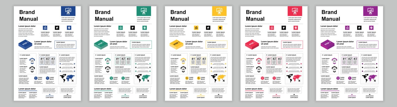 DIN A3 business brand manual templates set. Company identity brochure page with infographic for presentation. Marketing analysis and financial growth. layout design for poster, cover, brochure vector
