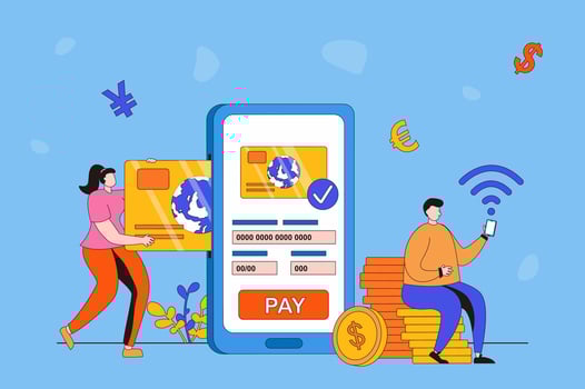 E-payment process web concept in flat 2d design. Man and woman pay for purchases and services with credit card using smartphone application. Online store payment. illustration with people scene vector