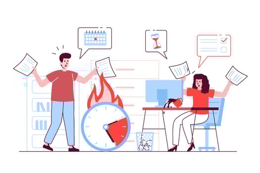 Deadline at office concept in flat line design. Worried man and woman rush to complete tasks from list, time is counting down for busy team. illustration with outline people scene for web vector