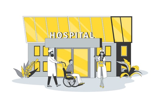 Clinic center concept in flat line design. People visit doctor for treatment, disabled person at rehabilitation. Healthcare and medical services. illustration with outline scene for web vector