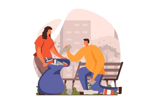 People collecting garbage web concept in flat design. Woman and man gathering waste in bag and cleaning city park. Eco activism and environmental protect. illustration with characters scene vector