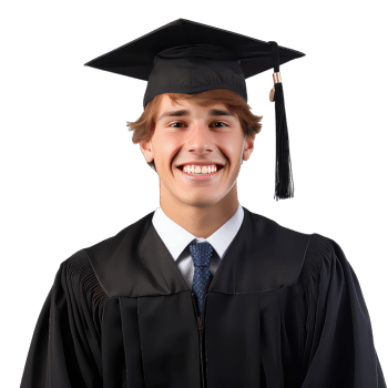 Happy young man in graduation gown and cap celebrating success png