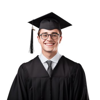 Happy young man in graduation gown and cap celebrating success png