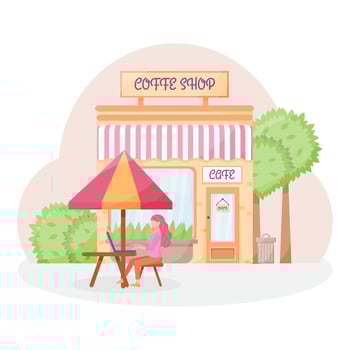 A woman sits on the street at a table in a cafe and works on a laptop. vector
