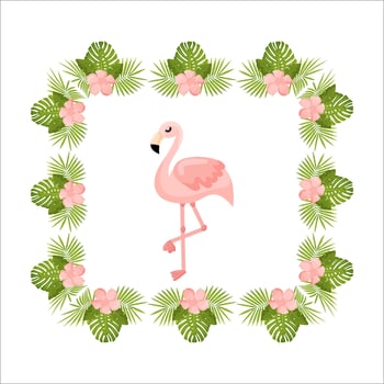 Tropical Flowers and Flamingo Summer Banner, Graphic Background, Exotic Floral Invitation, Flyer or Card. vector