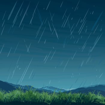 Raining in countryside landscape have glass fields, mountain range and dusk sky background flat design graphic illustration have blank space. vector