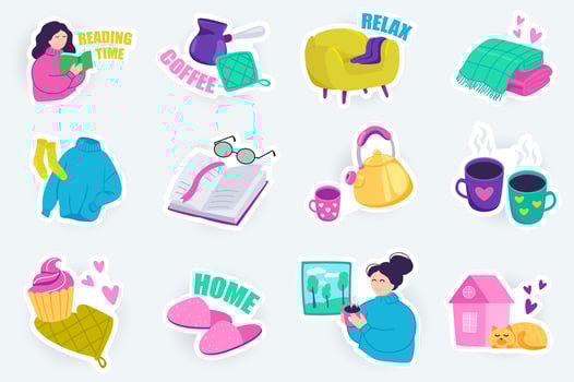 Sweet home cute stickers set in flat cartoon design. Bundle of woman reading book, armchair, coffee, blanket, sweater, teapot, cupcake and other. illustration for planner or organizer template vector