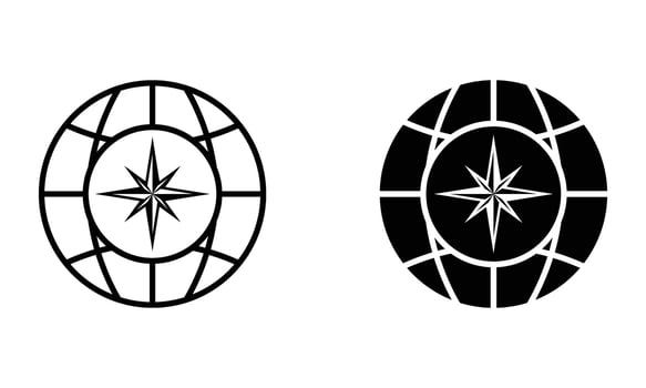Globe with compass direction arrow, illustration of map and exploration icon vector