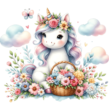 cute cartoon unicorn with a basket of flowers transparent background png