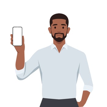 Young businessman in vest suit showing blank mobile, cell phone. vector