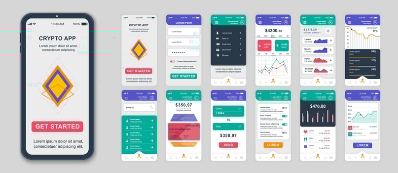 Set of UI, UX, GUI screens Cryptocurrency app flat design template for mobile apps, responsive website wireframes. Web design UI kit. Cryptocurrency Dashboard. vector