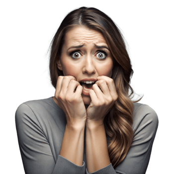 Woman With Anxious Expression Holding Hands to Mouth Indoors During Daytime png