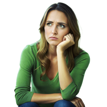 Thoughtful Young Woman in Green Sweater Sitting Indoors in Daytime png