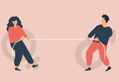 Tug-of-war between a couple conflicting interests and rights. Struggle between a man and a woman for gender equality. Husband and wife are pulling rope to see who will control in their relationship. vector