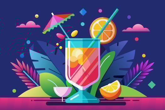Refreshing tropical cocktail against blue background. Vibrant drink in floral setting. Concept of summer drinks, refreshing beverages, exotic cocktails, leisure. Graphic illustration vector