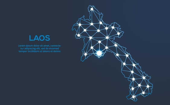 Laos communication network map. image of a low poly global map with city lights. Map in the form of lines and dots vector