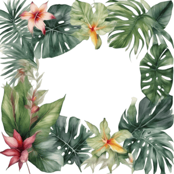 Tropical leaves and vibrant flowers, floral frame. AI-Generated. png