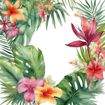 Tropical leaves and vibrant flowers, floral frame. AI-Generated. png