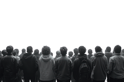 A group of people are standing in a line, with some of them wearing backpacks on transparent background. png