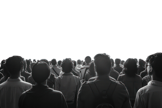 A crowd of people are standing in a field on transparent background. png