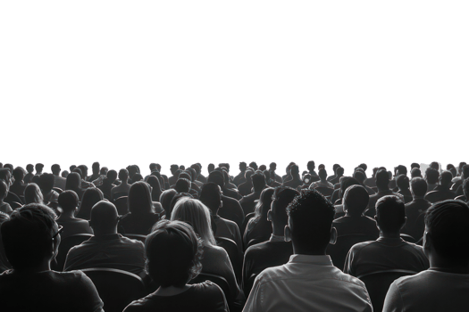 A large crowd of people are sitting in a theater on transparent background. png