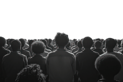A crowd of people are standing in a field on transparent background. png