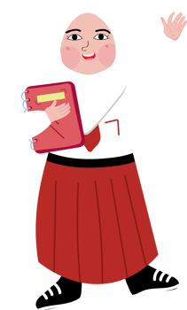 Elementary school student in red white uniform with backpack holding book png