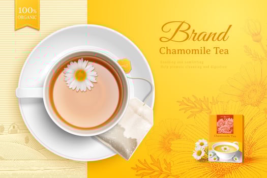 Top view of refreshing cup of tea with tea bag and chamomile flower in 3d illustration over engraved background vector