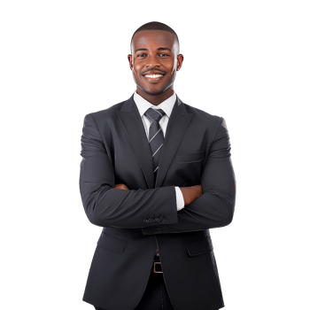 Black businessman with crossed arms on transparent background png