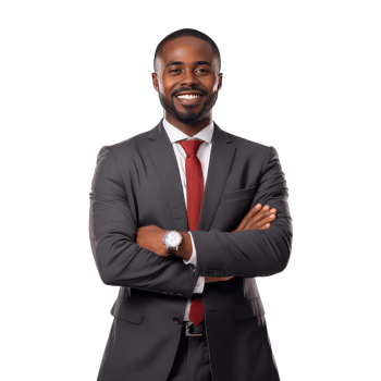 Black businessman with crossed arms on transparent background png
