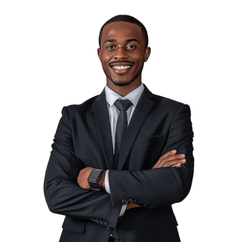Black businessman with crossed arms on transparent background png