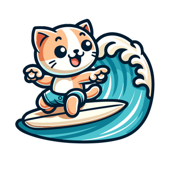 cute cat surfing in sea icon character png
