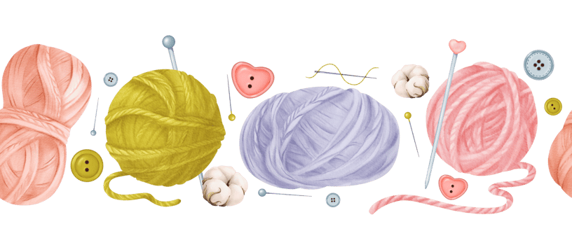 Seamless border with wool skeins, threads, buttons, cotton flower, knitting needles, and pins. Ideal for crafting blogs, knitting tutorials, or DIY-themed designs. Watercolor illustration png