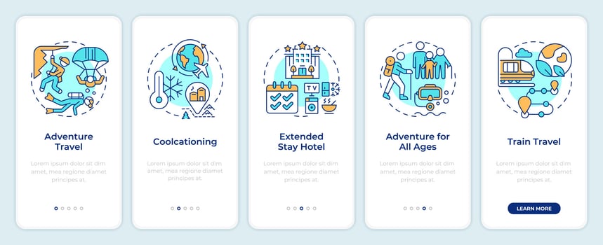 Trends in traveling onboarding mobile app screen. Walkthrough 5 steps editable graphic instructions with linear concepts. UI, UX, GUI template vector