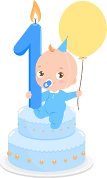 Baby boy on a birthday cake celebrating his first birthday holding a balloon. Birthday party baby boy with blue cake and yellow balloon. vector