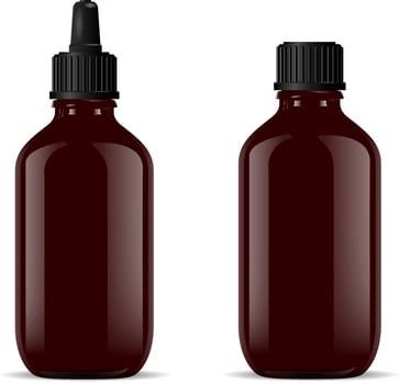 Black vial with dropper cap for medical or cosmetic products. Glossy glass or plastic bottle mockup. 3d design. vector