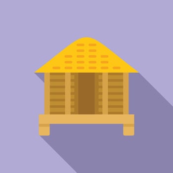 Flat design icon of a cartoon bungalow with a yellow roof, isolated on a purple background vector